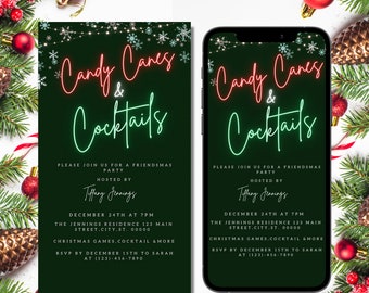 May include: A digital invitation for a Christmas party with the text "Candy Canes & Cocktails" in neon green and red lettering on a dark green background. The invitation includes the date, time, and location of the party, as well as the host's name, Tiffany Jennings.