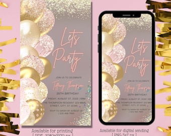 Let's Party Birthday Rose Gold Balloons  Digital Invitation, Electronic Birthday Party Invite, Any Age, Editable Template, Instant Download