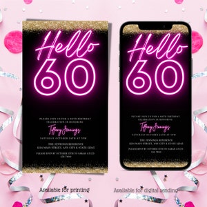 Electronic Hello 60th Birthday Invitation, Digital Neon Pink and Gold 60th Birthday Invite, Text Message, Editable Invitation, Instant Evite