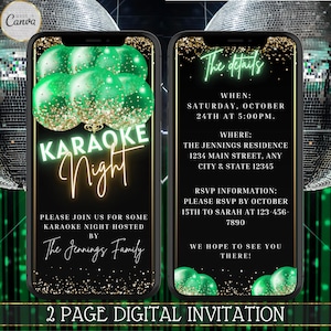 Digital Karaoke Night Party Invitation, Electronic Karaoke Birthday, Sing Along Party, Neon Green Gold, Editable Template, Instant Download