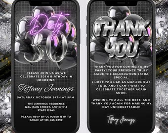 Dirty 30th Birthday Invitation, Digital Women’s 30th Birthday Party Invite, Silver & Black Balloon Theme, Birthday Dinner, Instant Download