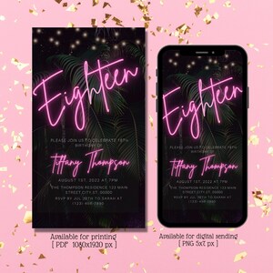 Electronic 18th Birthday Invitation, Digital Birthday Party Invite, Pink Neon ,Tropical, Editable Template, phone Evite, Instant Download