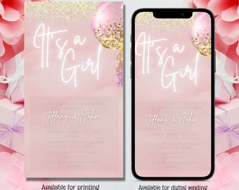 Digital Baby Shower Invitation, Electronic Shower Evite, It's A Girl, Baby Brunch, Floral, Pink Gold, Editable Template, Instant Download