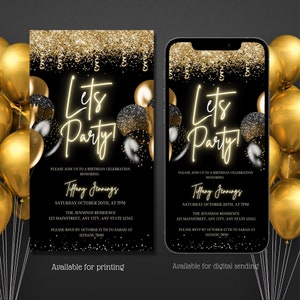 Digital Birthday Party Invitations, Electronic Let's Party Invite, Black and Gold Glitter, Any Age, Editable invitation, Instant Download