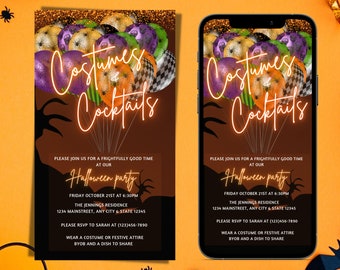 Digital Halloween Invitation, Electronic Costumes and Cocktails Neon Orange Balloons Text Message Invite, Editable Invitation, Downloadable