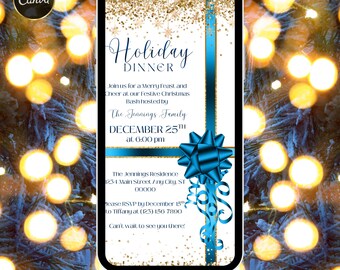 Elegant Luxury Blue Gold Holiday Dinner Invitation, Animated Video Evite, Formal Digital Party Invite, Editable Template, Instant Download