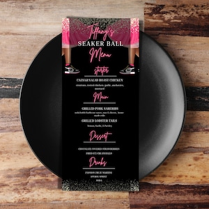 Druckbare Sneaker Ball Menükarte, Sneaker Gala Dinner und Getränke Menü Karte, Gold Schwarz Pink, DIY Template, Instant Download