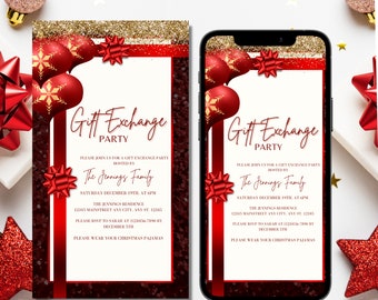 May include: Christmas-themed invitation for a gift exchange party. The design features red and gold accents, including ornaments and bows. The text reads "Gift Exchange Party" and includes details about the event, such as the date, time, and location.
