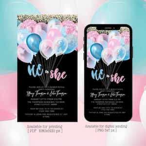 Digital Gender Reveal Invitation, Electronic Gender Reveal Evite, Balloon Gender Reveal, Baby Shower Party Invitation, Instant Download