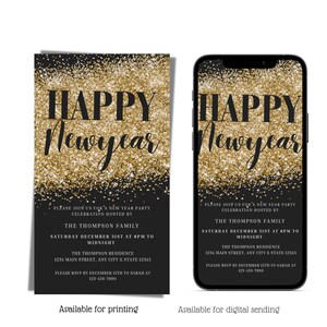 Digital Happy New Year Party Invitation, Electronic NYE 2025 Black Gold Glitter Invite, Editable Invitation, Instant Download