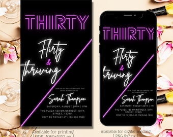Digital 30th Birthday Invitation, Thirty Birthday Invitation, Pink Neon, Editable Template, DIY, Electronic Invite, Instant Download