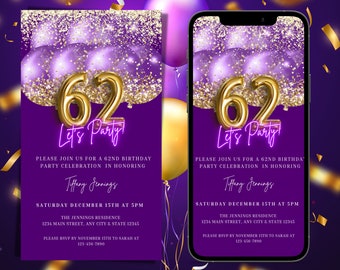 Digital 62nd Birthday Party Invitation, Electronic Purple Gold Balloons Birthday Smartphone Invite, Editable Template, Instant Download