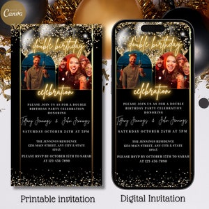 Digital Double Birthday Party Invitation, Electronic Joint Birthday Invite, Black Gold Balloons, Editable Template, Instant Download