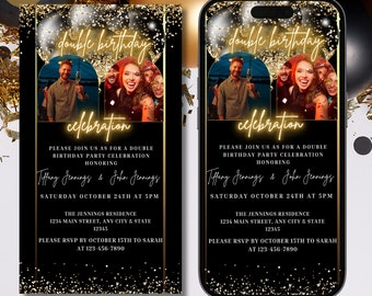 Digital Double Birthday Party Invitation, Electronic Joint Birthday Invite, Black Gold Balloons, Editable Template, Instant Download