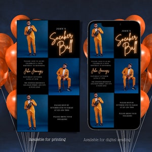 Electronic Sneaker ball Invitation, Digital Neon Orange Sneaker Gala Invite, Formal, For Him, Digital Text Message, Editable Invitation
