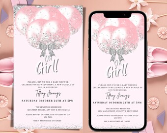Digital Girl Baby Shower Invitation, Electronic Pink Silver Oh Girl Modern Phone Text Message Invite, Editable Invitation, Instant Download