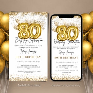 Digital 80th Birthday Invitation, Electronic 80th Gold White Glitter Balloons Text Message Invite, Editable Invitation, Instant Download