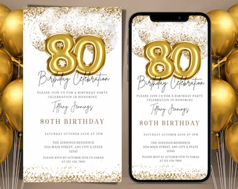 Digital 80th Birthday Invitation, Electronic 80th Gold White Glitter Balloons Text Message Invite, Editable Invitation, Instant Download