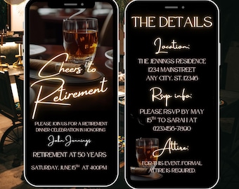 Digital Retirement Party Invitation, Cigar and Whiskey Theme, Cheers to Retirement Dinner Party, Editable Template, Instant Download