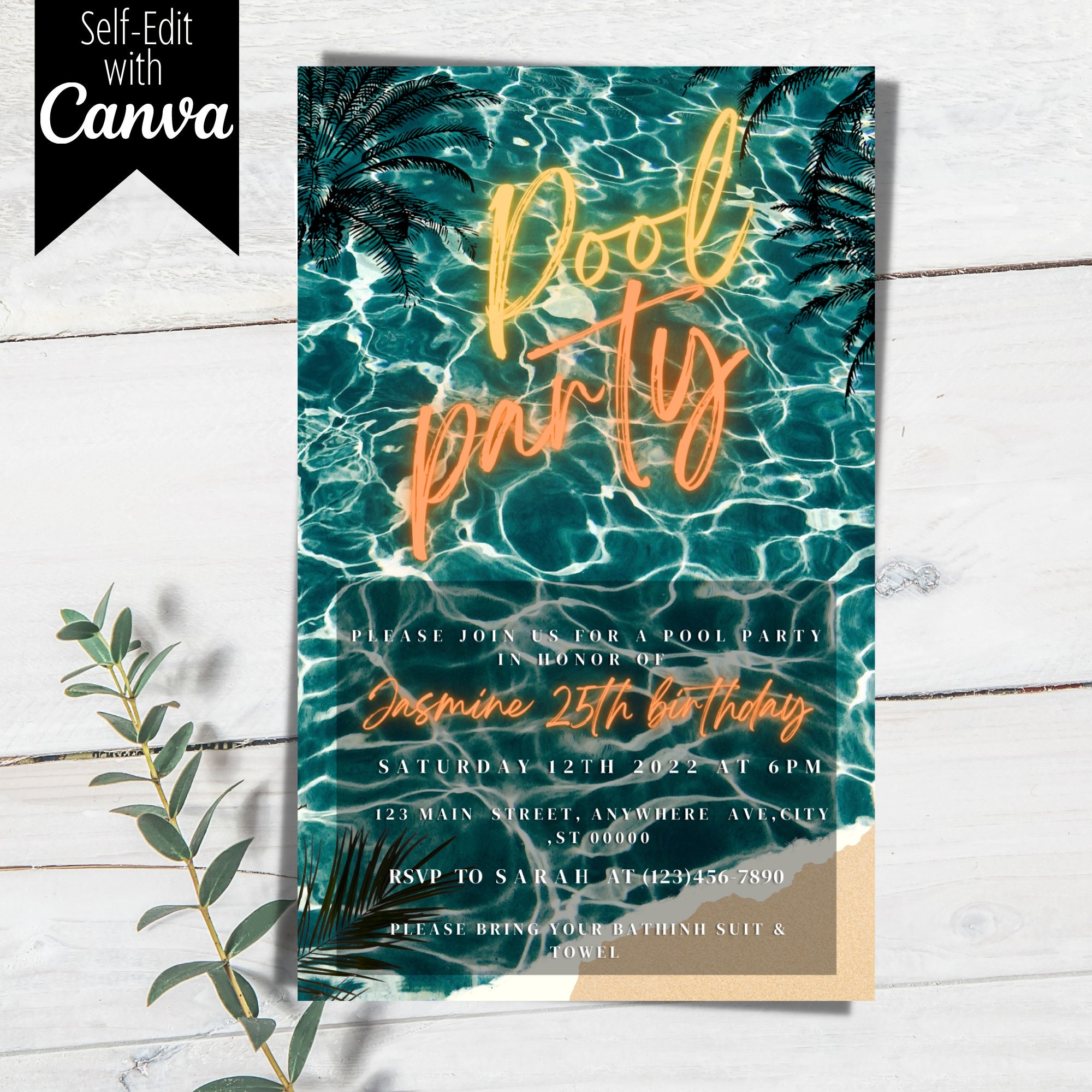 Photo Party Invitations Pool Party Birthday Invitation, Editable Party, Neon Color, Electronic ...