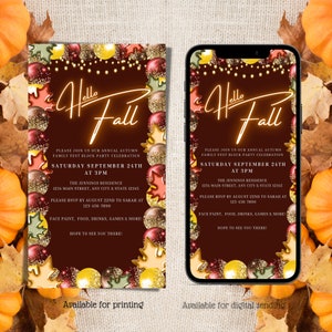 May include: A digital and printable invitation for a fall family block party celebration. The invitation features a brown background with gold and red glitter, leaves, and the text "Hello Fall". The invitation includes the date, time, location, and RSVP information.