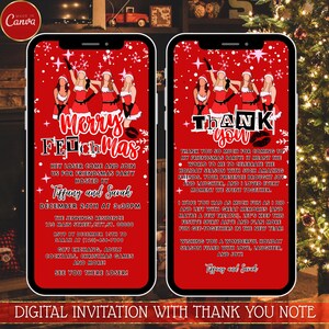 May include: Digital invitation for a Friendsmas party, featuring a red background with white snowflakes and illustrations of women in Santa outfits. The invitation includes the text "Merry Fetchmas" and event details.