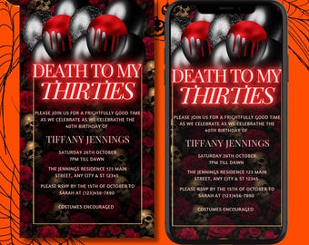 Digital Death To My Thirties Party Invitation, Electronic 40th Birthday Text Message Invite, Gothic Floral Skull, Editable Invitation