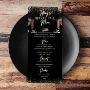 Carte de menu modifiable Sneaker Ball, dîner de gala Sneaker et carte de menu boissons, or noir, toutes les occasions, modèle modifiable, téléchargement immédiat