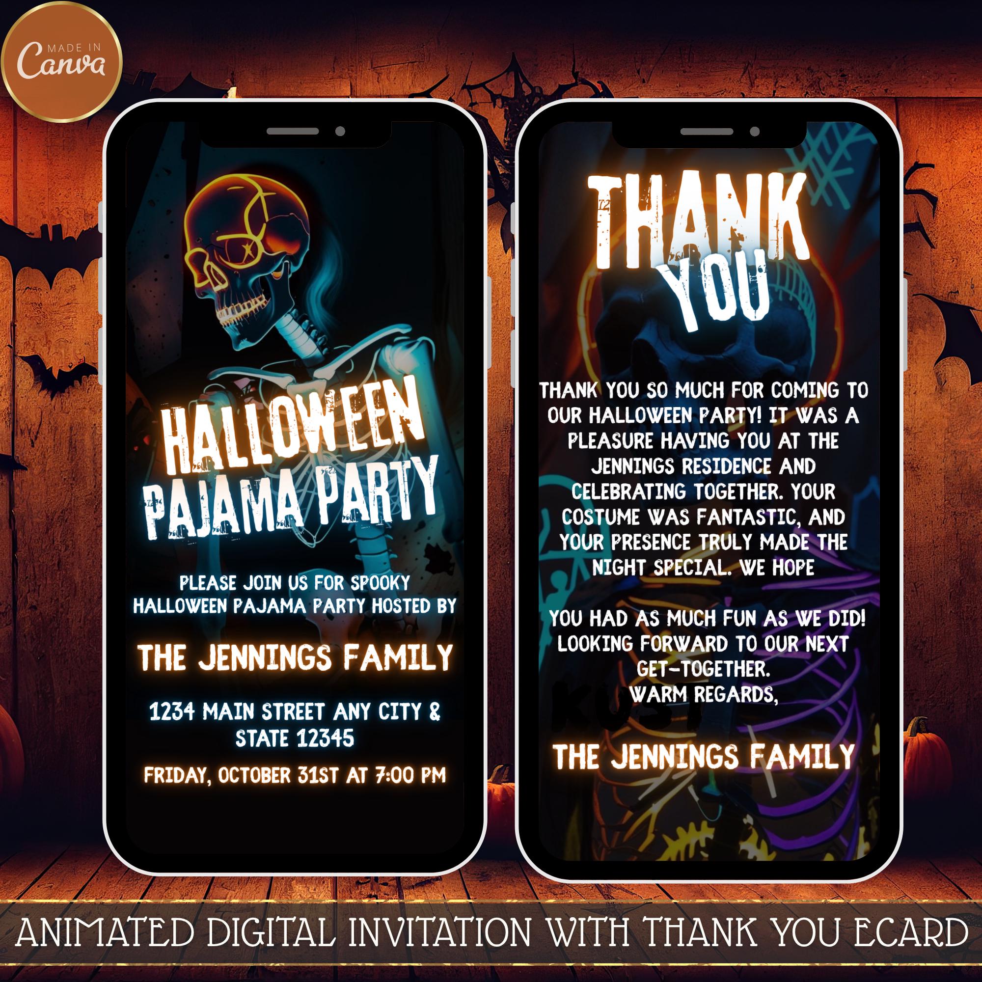 Pajama Party Halloween Invitation – Animated Neon Skeleton, Neon