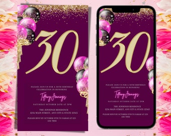 Digitale 30e verjaardagsuitnodiging, elektronische 30e uitnodiging, roze en goud, etentje, bewerkbare uitnodiging, Instant Download, telefoon Evite
