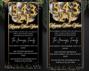 Digital Happy New Year Party Invitation – Electronic Phone Evite, Elegant Black & Gold Balloons, NYE 2026 Countdown, Editable Template