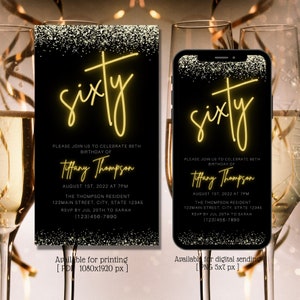 60th Digital Gold Neon Birthday Invitation, Electronic Birthday Party Invite, Glitter, Editable Template, Phone Evite, Instant Download