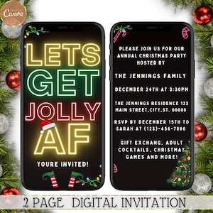 Electronic Let&#39;s Get Jolly Af Funny Christmas Party Invitation, Digital Neon Christmas Evite, Phone Evite, Editable Invitation