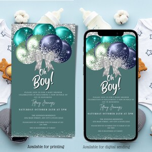 Digital Oh Boy Baby Shower Invitation, Electronic Blue Green Silver Modern Phone Text Message Invite, Editable Invitation, Instant Download