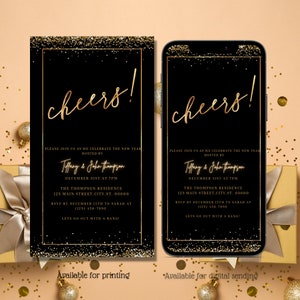 Digital Gold And Black New Year&#39;s Eve Party Invitation, Electronic Invite, Cheers To The New Year, 2025, Editable Template, Instant Download