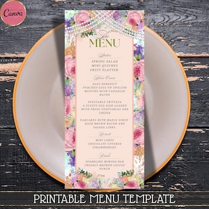May include: A printable menu template featuring a floral design. The menu has a pink background with a white border and lists appetizers, main courses, desserts, and drinks. The text "The Menu" is written in a decorative font at the top of the page.