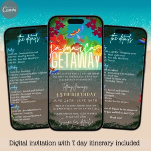 Digital Tropical Jamaica Getaway Birthday Trip 7 Day Itinerary Invitation, Electronic Schedule Events, Girls Trip, Editable Invitation