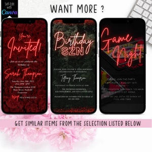 May include: Three digital phone screen mockups with red neon text on a black background. The first mockup says "You're Invited!" with red roses in the background. The second mockup says "Birthday SZN" with a dark green background. The third mockup says "Game Night" with a background of playing cards. All three mockups have text that includes the names "Sarah Thompson" and "Tiffany Thompson" and details for a party.