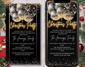 Electronic Christmas Party Invitation, Digital Holiday Party Invite, Phone Evite, Black Gold Balloon, Editable Invitation, Instant Download