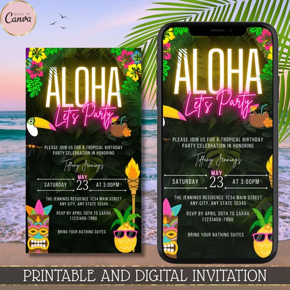 その他 Invitation Editable Aloha Let's Party Birthday Invitation, Neon Pink Tropical
