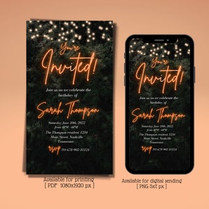 Digital Neon Orange Greenery Birthday Party invitation, Editable template, Instant download, Any age, Birthday Brunch, Text Evite