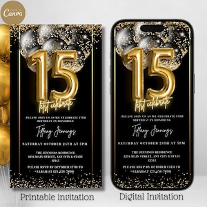 15th Birthday Party Invitation, Digital Black Gold Balloons Birthday Smartphone Email Invite, Editable Invitation, Instant Download