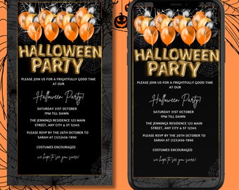 Digital Halloween Party Invitation, Electronic Text Message Evite, Orange Yellow Black, Spider Webs, Editable Invitation, Instant Download