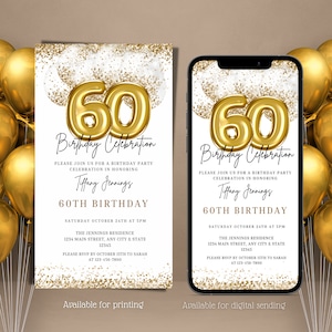 Digital Gold White 60th Birthday Invitation, Electronic Sixty Surprise Party Text Message Invite, Editable Invitation, Instant Download