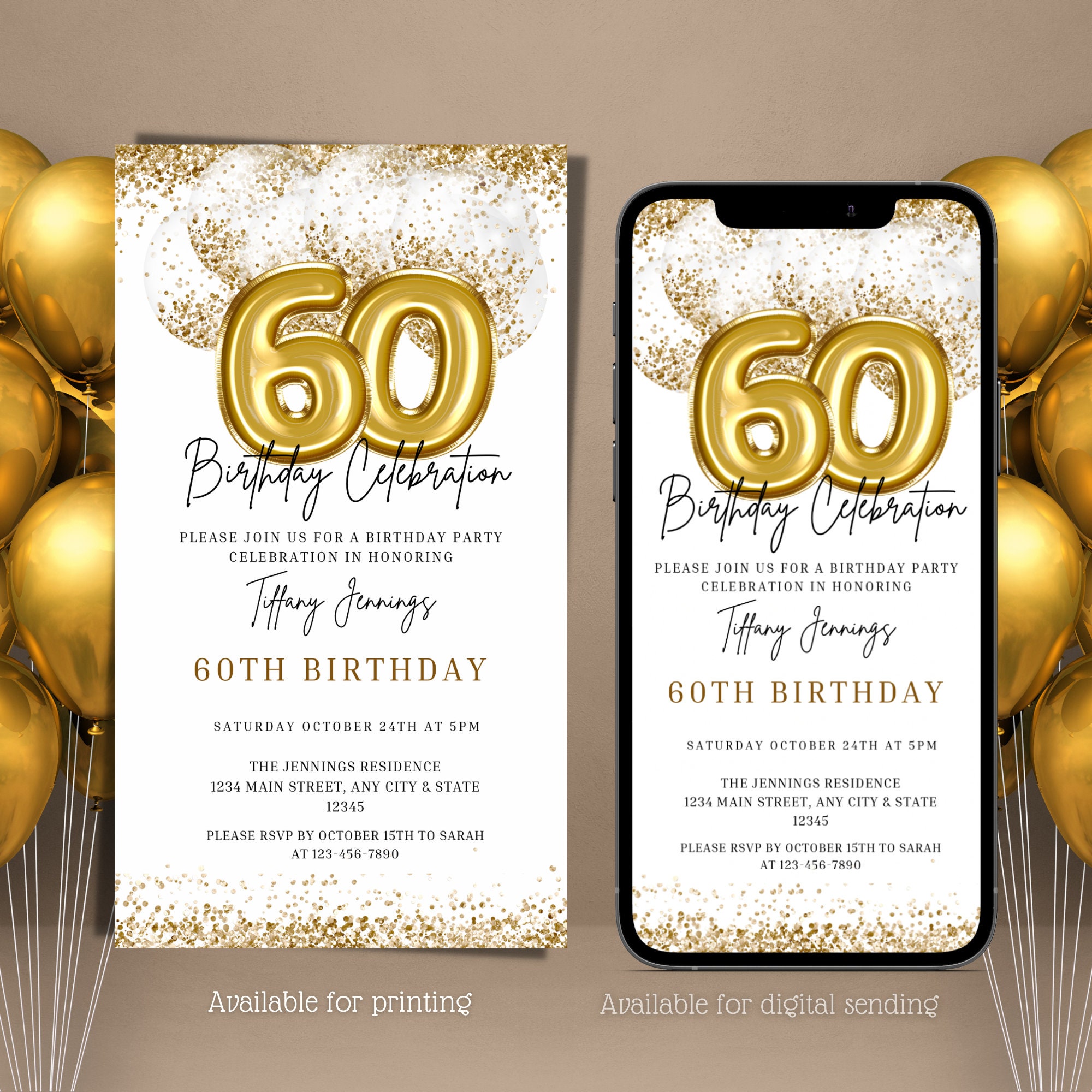 Digital Gold White 60th Birthday Invitation, Electronic Sixty Surprise Party Text Message Invite, Editable Invitation, Instant Download