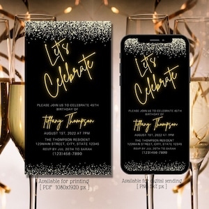 Digital Let&#39;s Celebrate Gold Birthday Invitation, Electronic Birthday Party Invite, Any Age, Glitter, Editable Template, Instant Download