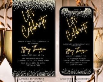 Può includere: Un invito digitale nero e dorato con uno sfondo scintillante. L'invito dice "Let's Celebrate" e include i dettagli per una festa di compleanno di 45 anni. L'invito è disponibile per la stampa o l'invio digitale.