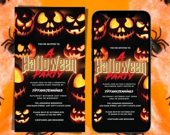 May include: A black and orange Halloween party invitation with a jack-o-lantern design. The invitation includes the text "You're invited to a Halloween Party" and details about the party, including the date, time, location, and RSVP information. Costumes are required.