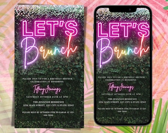 Digital Neon Greenery Pink Rainbow Let's Brunch Invitation, Electronic Birthday Brunch Text Invite, Editable Invitation, Digital Download
