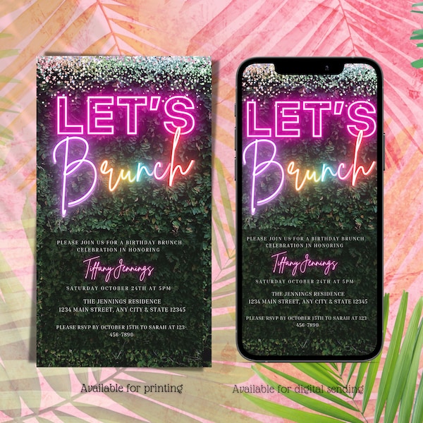 Digital Neon Greenery Pink Rainbow Let's Brunch Invitation, Electronic Birthday Brunch Text Invite, Editable Invitation, Digital Download